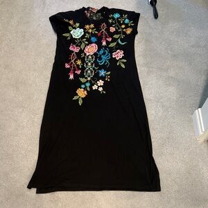 Johnny Was Sheri Midi Dress Crew S;NWT Floral Embroidered Black Dress